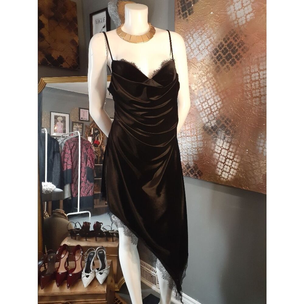 Zara Nwt Black Velvet Asymmetric Slip Dress with Lace Trim - Picture 4 of 16
